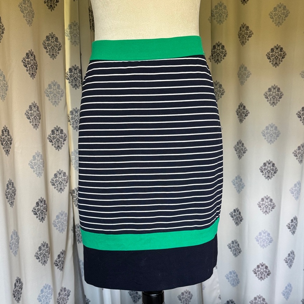 Navy Striped Skirt Suit with Green Accents - Picture 4 of 6